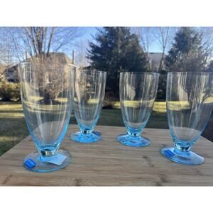 Rogaska Luxe Pure Ice Blue Footed Highball Crystal Glasses 6.5” Slovenia~4 Pc